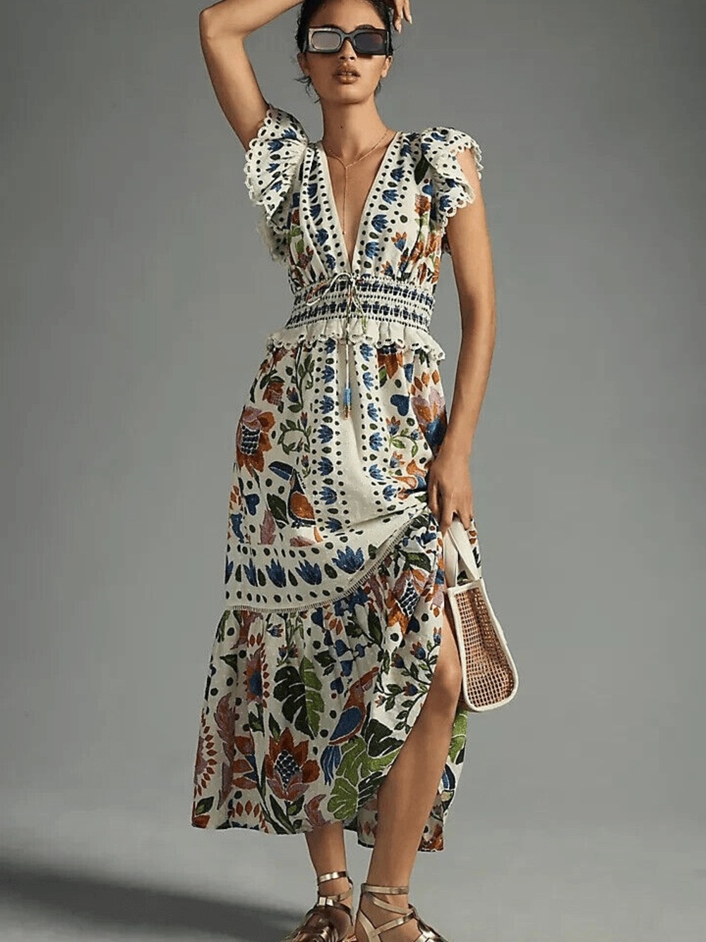 Ivory Floral V-Neck Smocked Maxi Dress size S